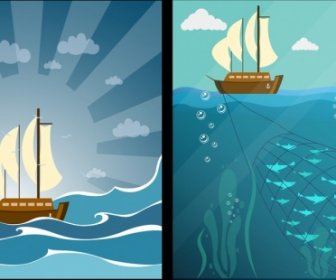 Fishing Sailboat Drawings Multicolored Cartoon Design