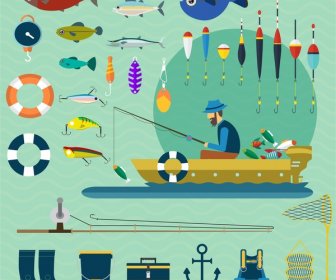 Illustration Vectorielle De Pêche Avec Divers Outils Et Pêcheur