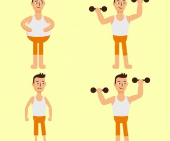 Fitness Man Icons Fat Thin Dumbbell Cartoon Design