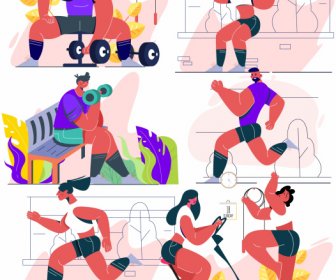 Fitness-Sport-Ikonen Farbige Zeichentrickfiguren Skizze