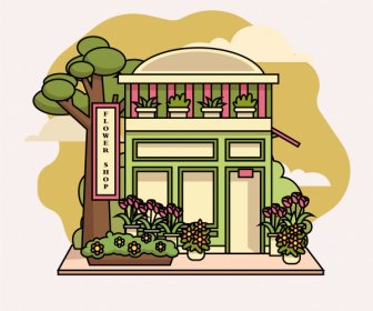 Flora Dükkanı Dış şablon Klasik Renkli Düz Kroki