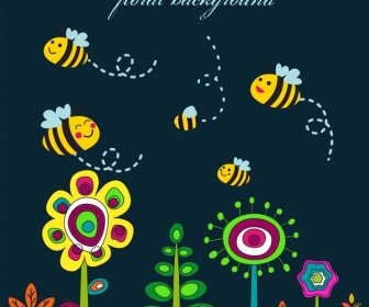 Floral Background Design With Cute Cartoon Honeybees