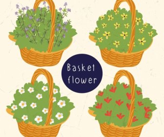 Floral Basket Icons Multicolored 3d Design