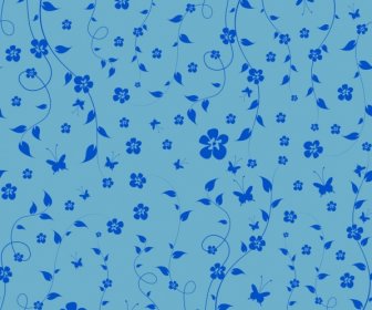 Floral Butterflies Pattern Background Blue Curves Style