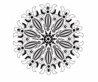 Floral Mandala Sign Icon Black White Flat Symmetrical Illusion Sketch