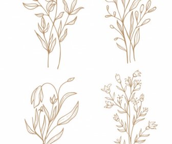 Floral Plants Icons Classical Handdrawn Sketch