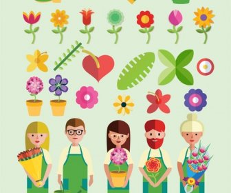 Toko Bunga Vektor Ilustrasi Dengan Peralatan Dan Bunga