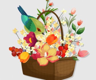 Flower Basket Icon Colorful Classical Design Bird Decor