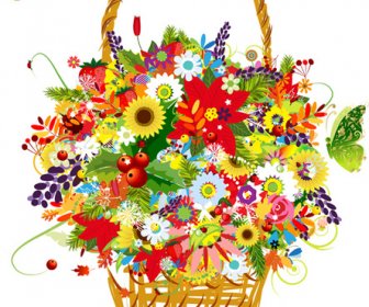 Flower Baskets And Butterfly Vector