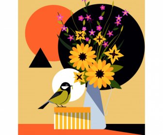 Latar Belakang Bunga Burung Warna-warni Desain Datar Klasik