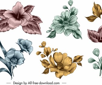 Çiçek Simge Şablonları Parlak Renkli Zarif Vintage Tasarım