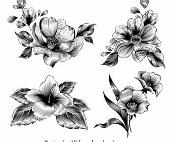 花のアイコン黒、白、3D、レトロスケッチ