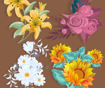Flower Icons Colored Retro Design