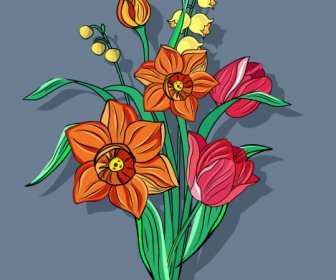 Bunga Lukisan Mekar Sketsa Warna-warni Desain Klasik