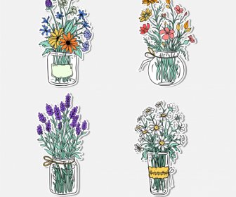 Flower Pots Icons Elegant Classic Handdrawn Sketch