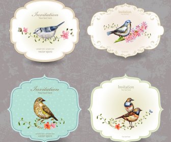 Flores Com Pássaro Vintage Convite Cartões De Vetor