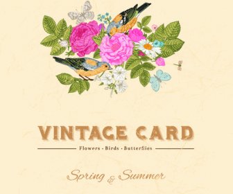 Blume Mit Vögel Und Schmetterlinge Vintage Karte Vektor