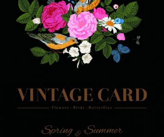 Bunga Dengan Burung Dan Kupu-kupu Vektor Vintage Kartu