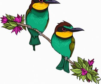 Flowerpecker Birds Icons Cute Colorful Classical Design
