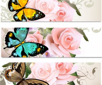 Flowers And Butterflies Banners Vectors