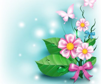 Bunga-bunga Dan Kupu-kupu Dengan Busur Latar Belakang Vektor