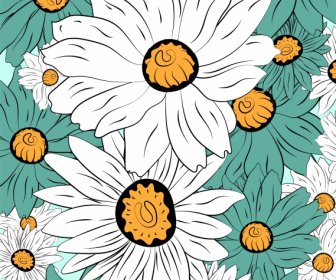 Flowers Background Colored Classic Handdrawn Sketch Closeup Design