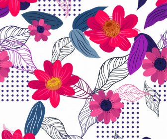 Flores Fundo Colorido Floras Folhas Esboço Design Clássico
