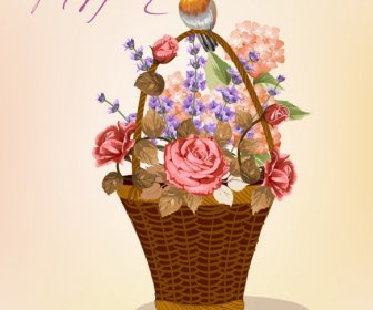 Flowers Basket Painting Small Bird Decoration