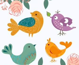 Burung-burung Bunga Latar Belakang Berwarna-warni Kartun Desain