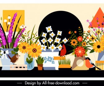 Flowers Birds Background Colorful Classical Design