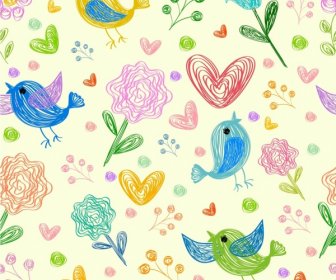 Flowers Birds Hearts Background Colorful Hand Drawn Design