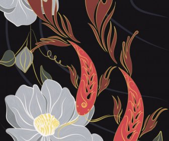 Flowers Carp Painting Colorful Classic Oriental Design