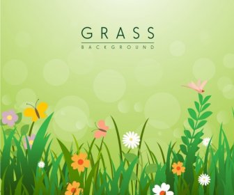 Flowers Grass Background Template Colorful Cartoon Decoration
