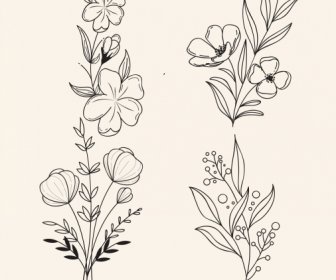Flowers Icons Black White Handdrawn Sketch Classic Design
