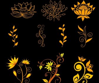 Flowers Icons Collection Yellow Decoration Various Types Sketch