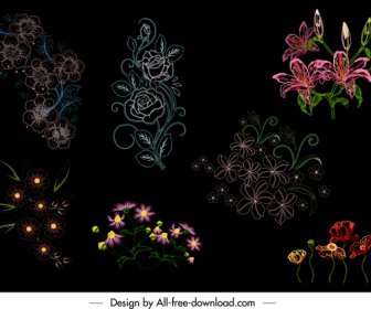 Flowers Icons Dark Colored Handdrawn Sketch