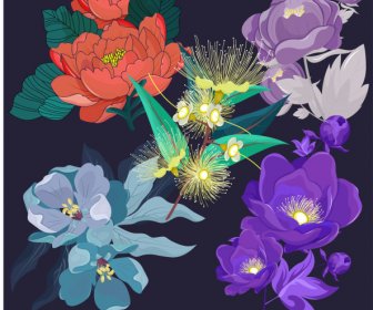 Flowers Icons Dark Colorful Classical Design