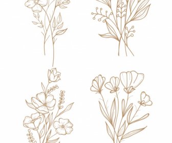 Flowers Icons Handdrawn Sketch Classical Design