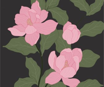 ภาพวาดดอกไม้การออกแบบวินเทจสีเข้ม Handdrawn