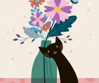 Flowers Pot Drawing Black Cat Icon Decor
