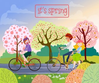 Цветы весны рисунок семьи езда велосипедов цветной мультфильм