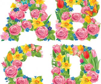 Flowers With Butterfly Alphabets Vector Set