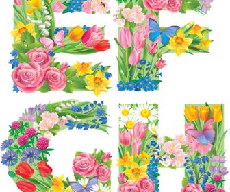 Flowers With Butterfly Alphabets Vector Set
