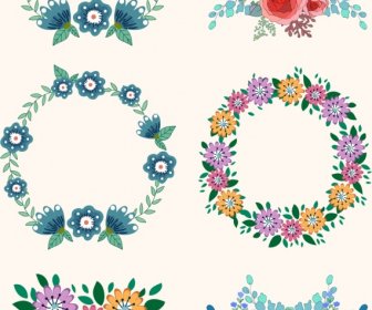 Flowers Wreath Design Elements Colorful Icons