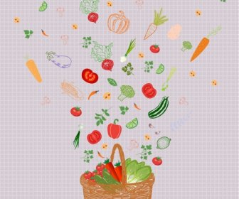 食品の背景バスケット、落下野菜、アイコン、古典的なデザイン