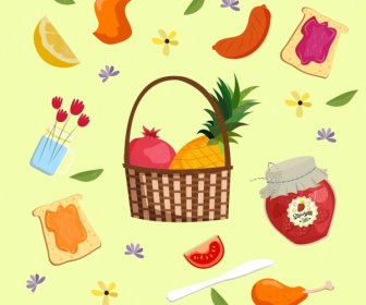 La Cesta De Alimentos De Fondo De Mermelada De Frutas Embutidos Iconos Decoracion