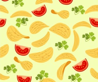 Food Background Tomato Chips Icons Multicolored Repeating Design