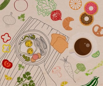 Sfondo Vegetale Alimentare Uova Fritte Handdrawn Disegno Icone