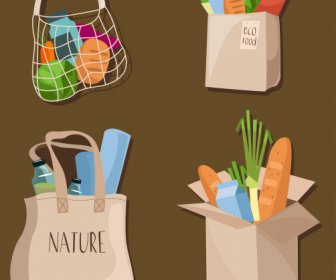 Food Bag Icons Colorful Classic 3d Sketch