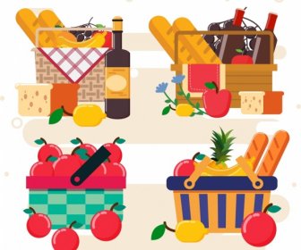 Food Baskets Icons Multicolored Design
